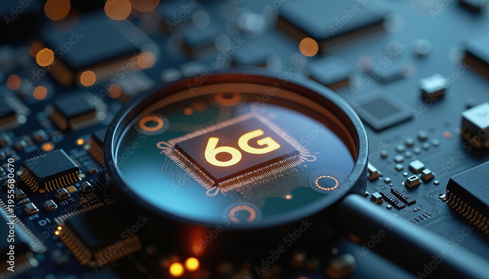 Obraz premium 6G Technology Concept with Magnifying Glass Focused on a Microchip Circuit Board for Future High-Speed Network Connectivity