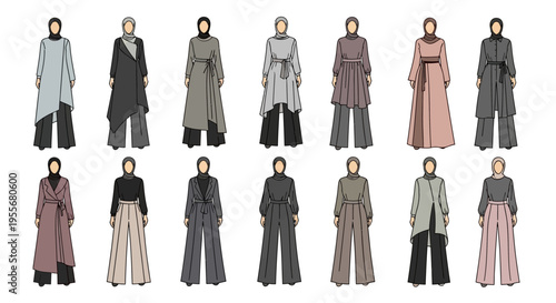 Diverse group of fashion illustrations standing.