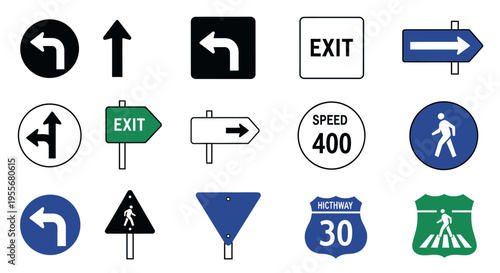 Set of various road and traffic signs providing direction and information on isolated white background