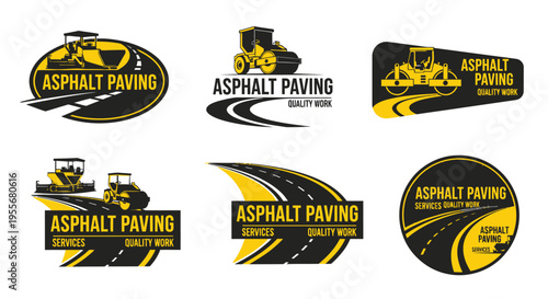 Collection of asphalt paving service logos with construction vehicles on isolated white background