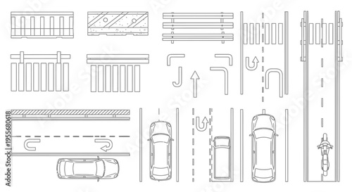 Top-down line art set of road elements with vehicles for urban planning on isolated white background