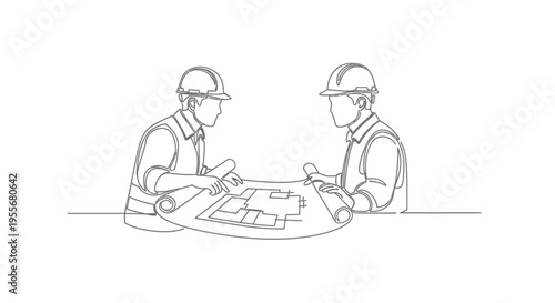 Continuous line drawing of two male construction workers in hard hats reviewing blueprints on isolated white background