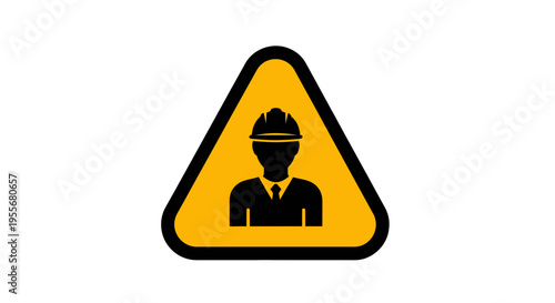 Yellow triangular warning sign with construction worker silhouette in hard hat on isolated white background