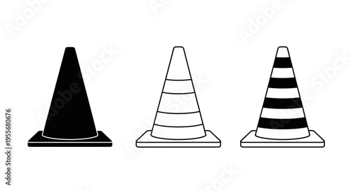 Set of Three Traffic Cones in Different Styles for Road Safety, Isolated White Background