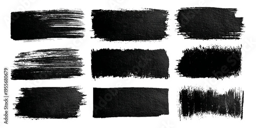 Grungy brush stroke texture set with black paint splashes. ink stains rough artistic background creative design.