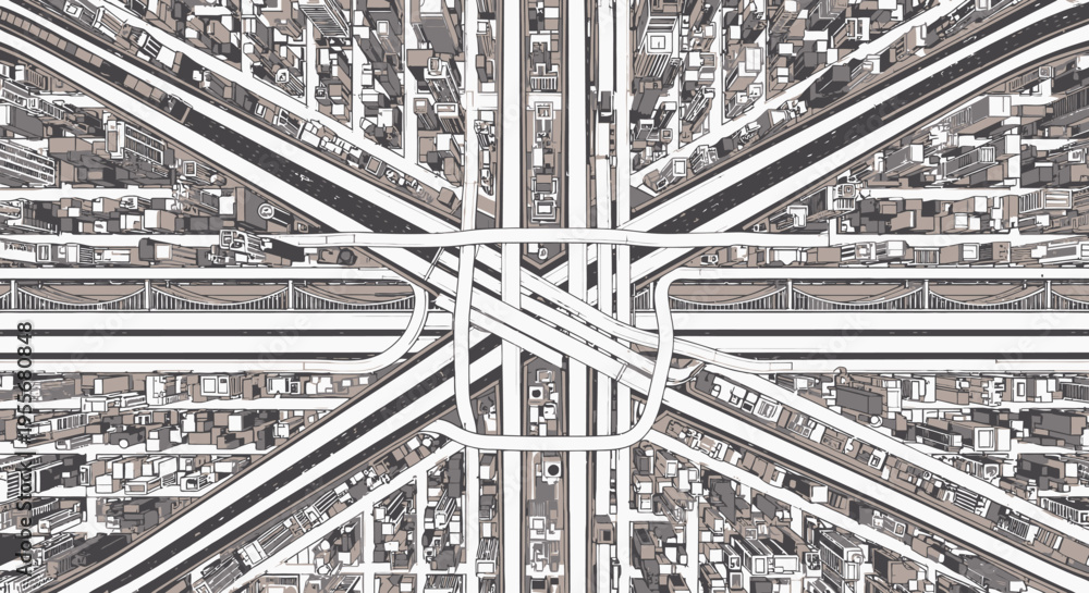 Obraz premium Abstract Top View City Map with Complex Road Network and Urban Structures