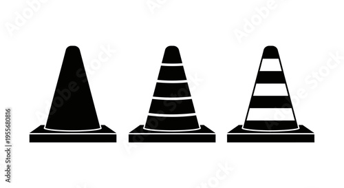 Set of Three Black Traffic Cones in Silhouette on Isolated White Background