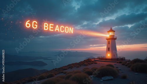 Conceptual 6G Beacon Glowing from Lighthouse Tower Overlooking Coastal Landscape at Dusk