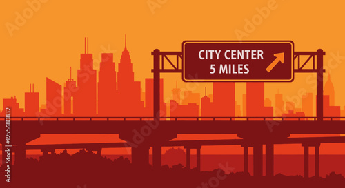 City Center Road Sign with Mile Indicator Above an Overpass and Orange Sunset City Skyline Silhouette