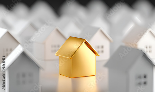 A golden house stands prominently among a crowd of neutral-toned miniature homes, suggesting value and distinction