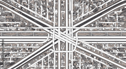 Abstract Top View City Map with Complex Road Network and Urban Structures