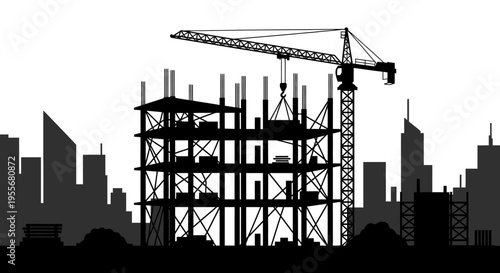 Urban Construction Site Silhouette with Crane and City Skyline, Building Development Landscape