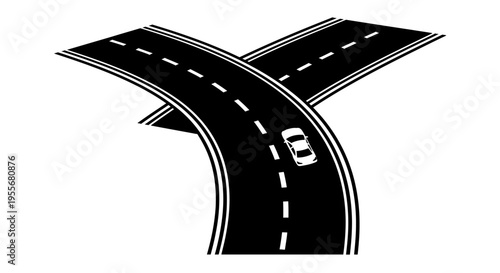 Fork in the Road with a Car Icon, Illustrating Choice and Direction on Isolated White Background