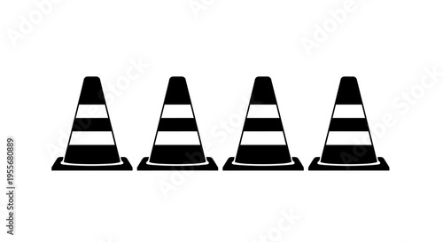 Row of Three Traffic Cones, Safety and Roadwork Barrier on Isolated White Background
