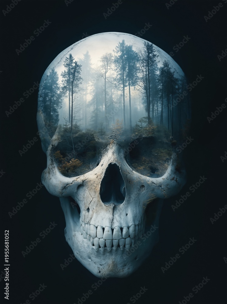 Obraz premium Mysterious skull with a foggy forest inside.