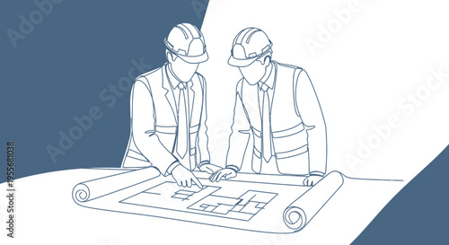 Two engineers or architects in hard hats reviewing blueprints on a table, discussing construction plans.
