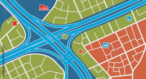 Vibrant and colorful bird's-eye view city map featuring a complex highway interchange, urban blocks, green parks, and various buildings.