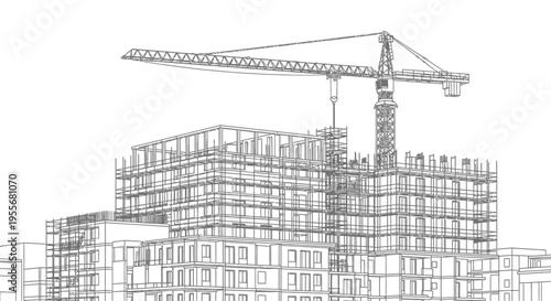 Detailed blueprint style line drawing of a modern building under construction with a large crane against an isolated white background.