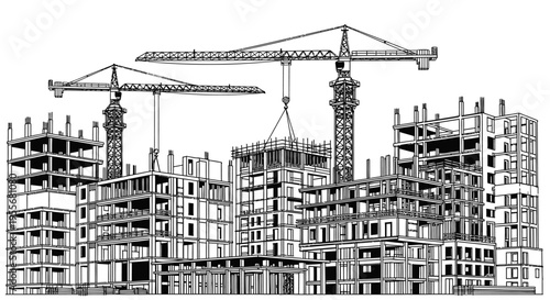 Detailed blueprint style line drawing of a large urban construction site featuring multiple towering cranes and buildings under various stages of development on an isolated white background.