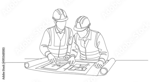 One continuous line art drawing of two professional male construction engineers or architects wearing hard hats, collaboratively reviewing building blueprints in a bright studio.