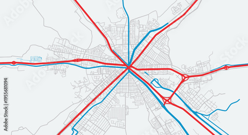 Detailed abstract overhead view of a complex city road map with intersecting red major highways and blue secondary streets on a light grey background.