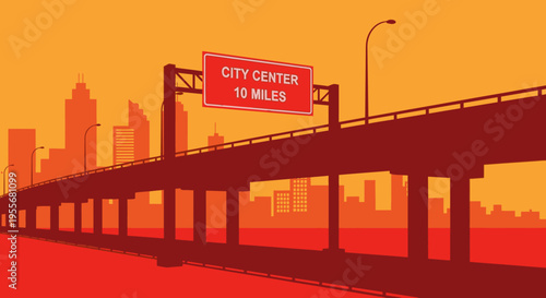 Silhouette of a bustling city skyline with a prominent highway overpass and a "City Center 10 Miles" road sign under a dramatic orange and red sunset sky.