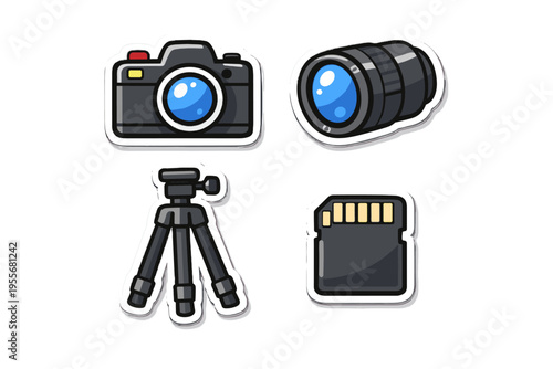 Stickers simple memory lens card vector icon tripod generation camera photography tools