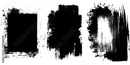 Grungy brush stroke texture set with black paint splashes. ink stains rough artistic background creative design.