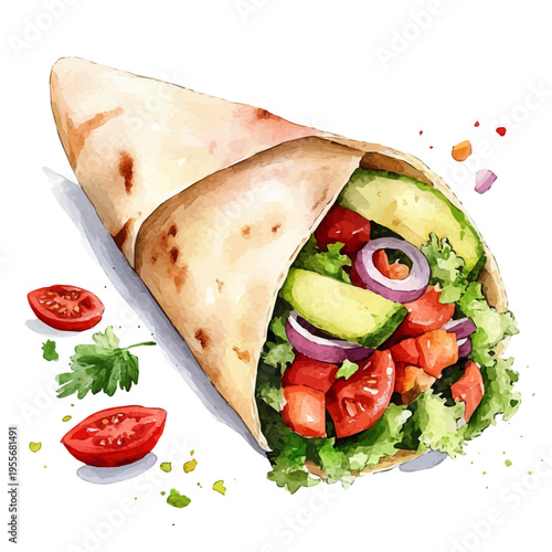 Burrito, elegant watercolor illustration luminous highlights, isolated on a white background.