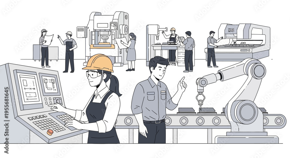 Fototapeta premium Manufacturing Industry Workflow: Engineers, Technicians & Robotic Automation in a Modern Production Facility - Smart Factory Operations Illustration