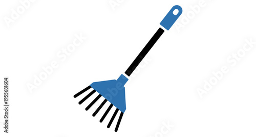 Blue leaf rake tool with black handle isolated on white background simple icon