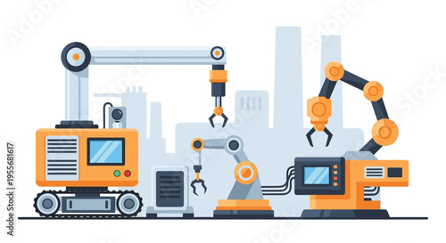 Smart Factory Automation: Industrial Robotic Arms and Advanced Manufacturing Process Flat Design Illustration