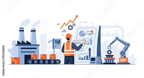 Industrial Production Management: Engineer Analyzing Data for Smart Factory Automation, Efficiency & Growth