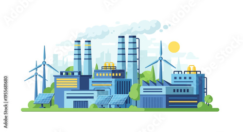 Modern Industrial Complex with Green Energy: Factory, Wind Turbines, Solar Panels & Smokestacks Illustration