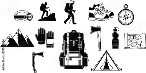 Hiking and camping equipment icons set with backpack tent mountains compass map boots and trekker silhouettes for outdoor adventure wilderness travel vector designs