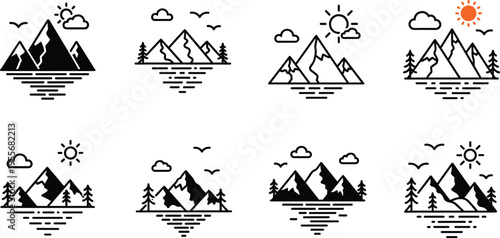 Mountain lake landscape icons, outdoor nature peak symbols, minimalist forest water reflections, wilderness adventure travel badges, hiking summit line art.