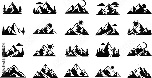 Mountain landscape silhouette icons, outdoor nature peak symbols, wilderness adventure travel badges, snowy ridge forest elements, minimalist hiking summit stickers.