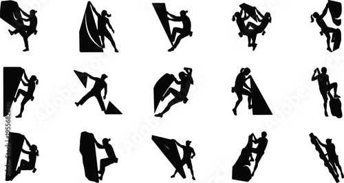 Rock climbing silhouette icons, bouldering athlete sport symbols, indoor climbing wall elements, mountain climber adventure silhouettes, extreme hiking fitness badges.