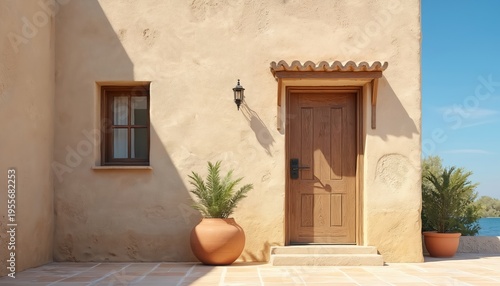 Exterior wall with sand colored plaster and wooden door under blue sky. Large clay pot with green plant sits on tiled floor by the entrance.