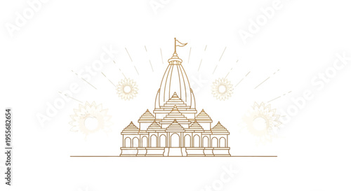 Illustration of a golden temple with a tall spire and decorative border, symbolizing Ram Navami festival in India with a joyful mood