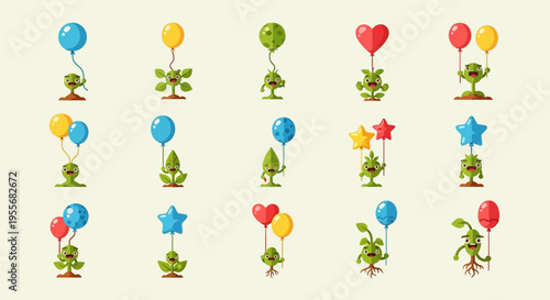 Collection of happy sunflower characters with expressive faces