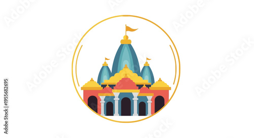 Illustration of a vibrant temple with blue and yellow domes and a golden flag, set against a circular gold border on a white background for Ram Navami celebrations in India