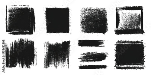 Grungy brush stroke texture set with black paint splashes. ink stains rough artistic background creative design.
