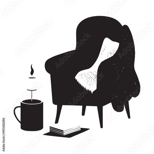 Cozy home interior silhouette with armchair blanket steaming coffee mug and books on floor isolated vector on transparent background illustration