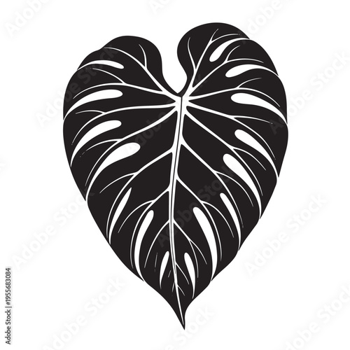 Monstera deliciosa leaf silhouette black plant icon with white linear details isolated on transparent background for tropical theme design