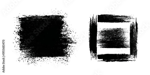 Grungy brush stroke texture set with black paint splashes. ink stains rough artistic background creative design.