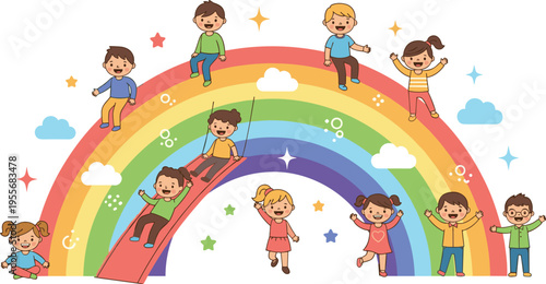 Happy Kids Playing on Rainbow with Slide and Clouds, Cute Children Activity Scene for Fun Learning, Childhood Joy, and Colorful Illustration Design