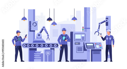 Smart Factory Automation: Engineers Managing Production with Robots and Digital Technology