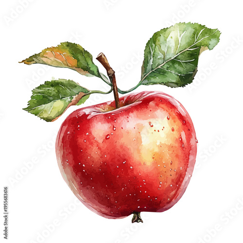 Apple, colorful watercolor painting with bold outlines, isolated on a white background.