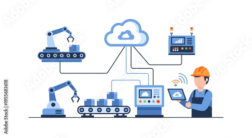 Industry 4.0 Smart Factory Automation: Cloud-Connected Robotics & Worker Monitoring for Modern Manufacturing. IoT Production Line Technology.